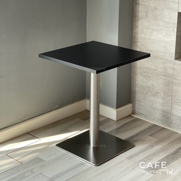 Isometric view of a black top table with square metal leg