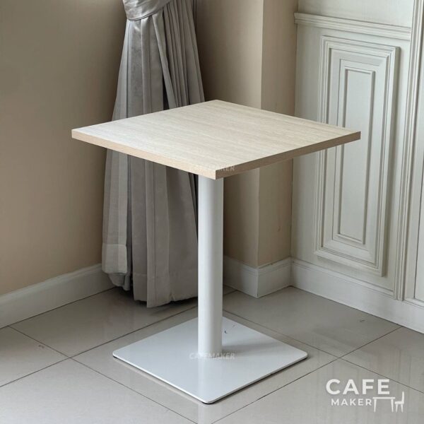 Isometric view of a parawood top table featuring square white leg