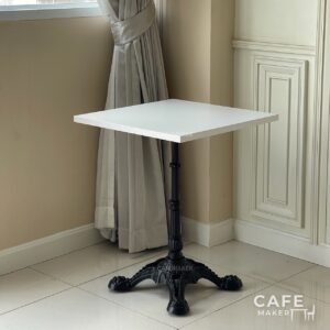 Isometric view of a white top table with Roman leg