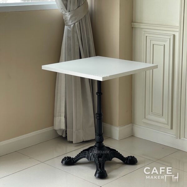 Isometric view of a white top table with Roman leg