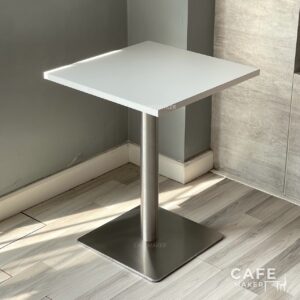 Isometric view of a white top table with square metal leg