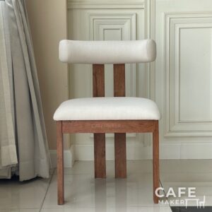 Front view of a parawood dining chair with a white cushioned seat