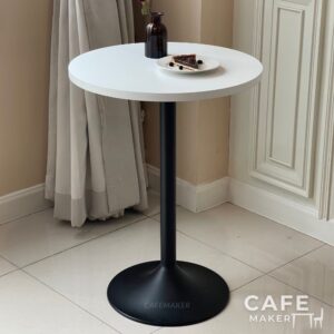 Isometric view of a white-top round table with round leg