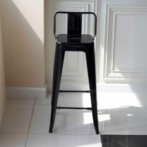 Front view of a black metal stool with backrest