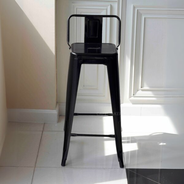 Front view of a black metal stool with backrest