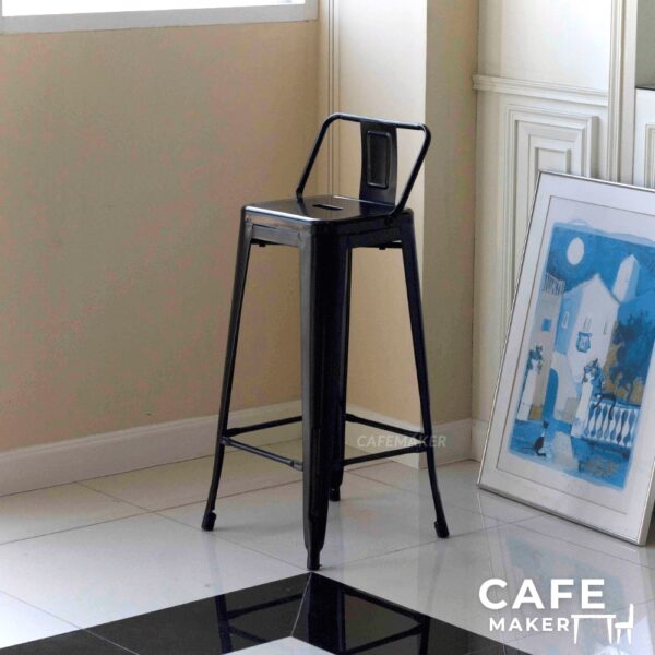 Black metal stool with backrest in an isometric view