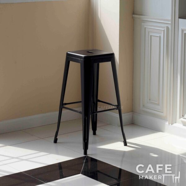 Black metal stool in an isometric view