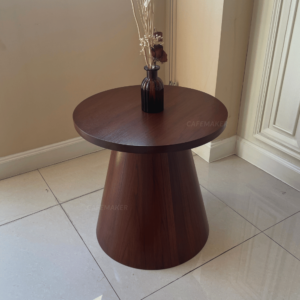 Teak wood round table with walnut paint and flower decoration