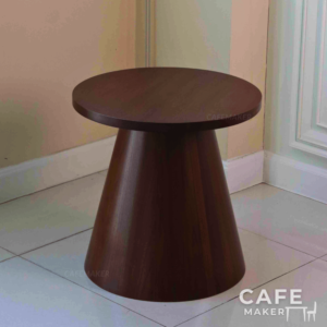 Teak wood round table with walnut paint in an isometric view