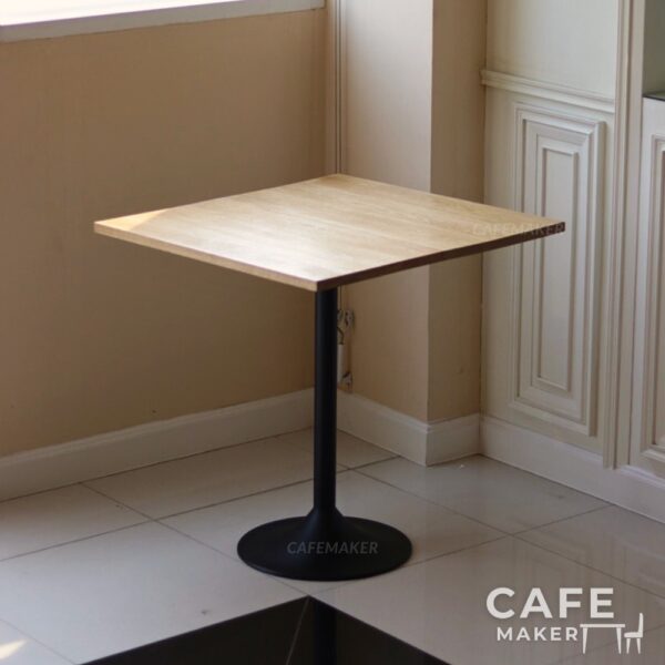 Isometric view of an oak top table with champagne leg