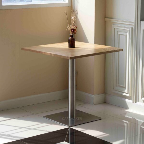 Square oak wood table with stainless steel leg