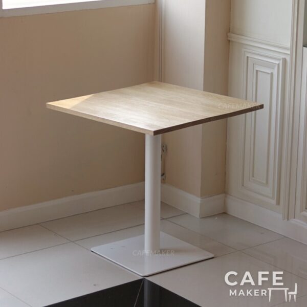 Isometric view of an oak top table with white square leg