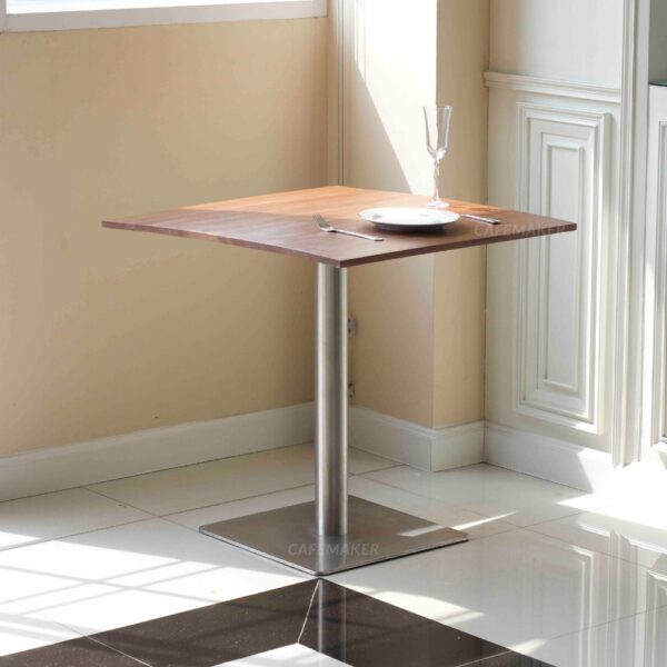 Shorea wood top table with square metal leg