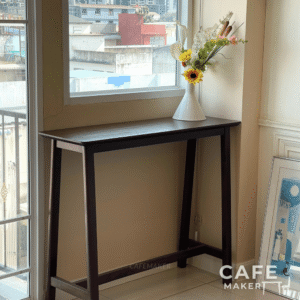 isometric view of walnut-tone parawood bar table 40x120x90 cm with slim rectangular design