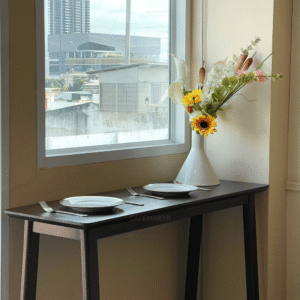 walnut parawood bar table 40x120x90 cm styled with decorative props