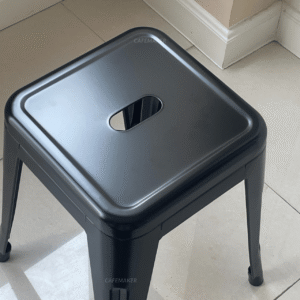 top view of black metal stool chair with round seat and matte finish