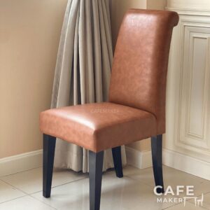 isometric view of orange cushion chair with wooden frame and modern design